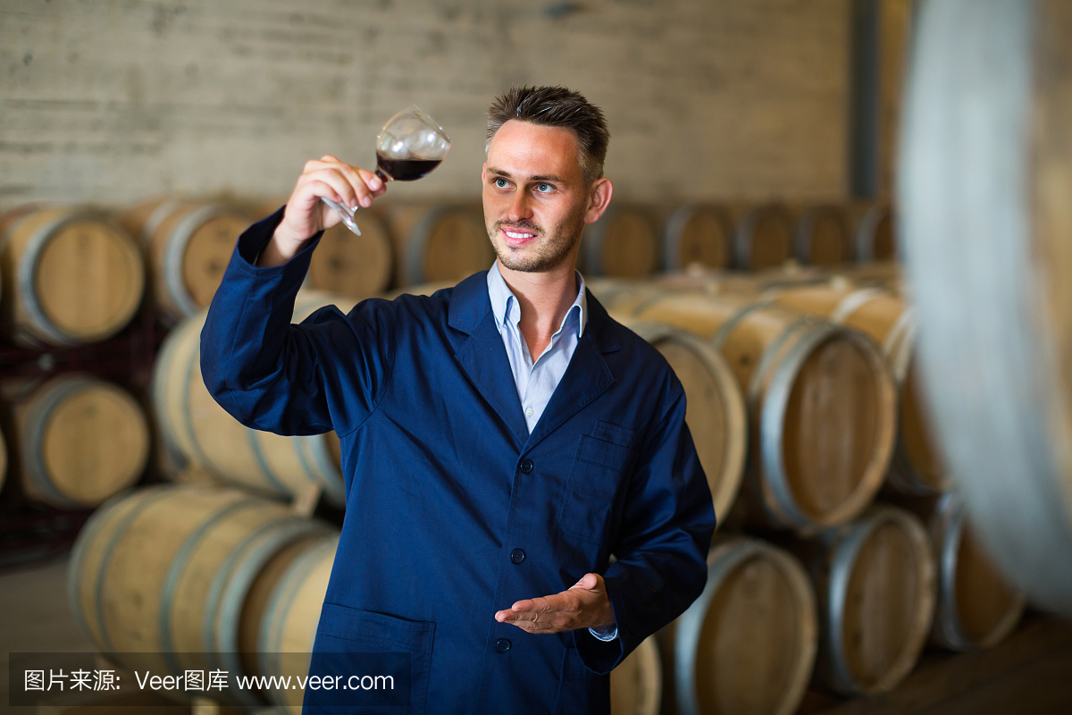 酒莊員工拿著裝在玻璃杯里的葡萄酒樣品
